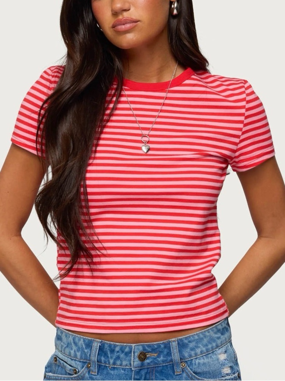 NWT Edikted Red Pink Striped Baby Tee XS Fitted Y2K Short Sleeve Top